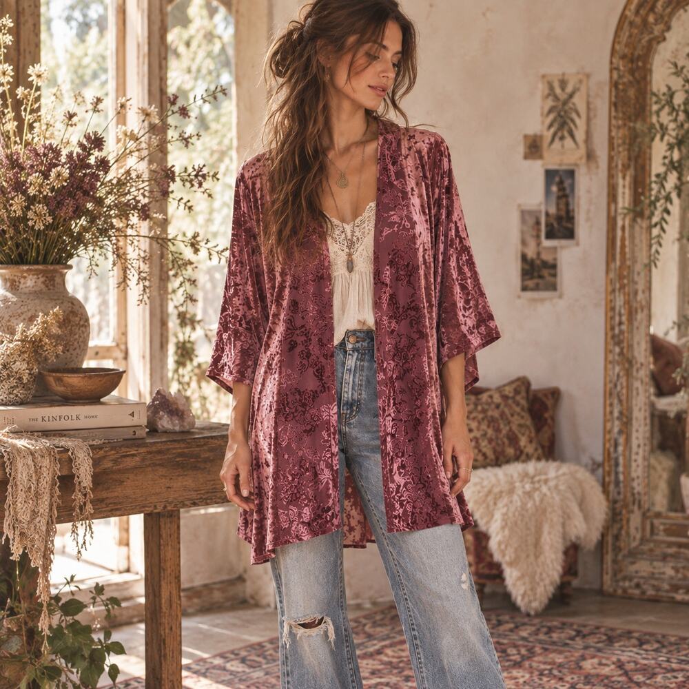 Knox Rose Velvet Burnout Duster M/L Mauve Pink Kimono Boho Whimsygoth